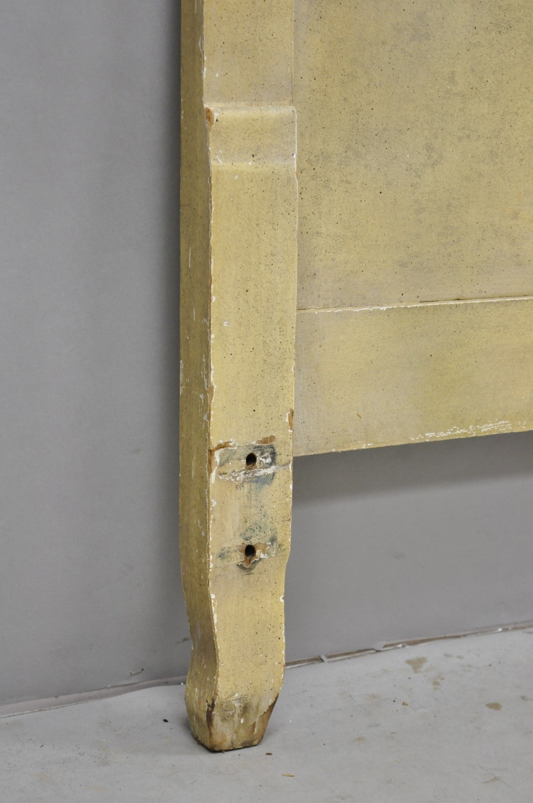 Vintage French Rococo Distressed Cream Painted Queen Size Wood Bed Headboard
