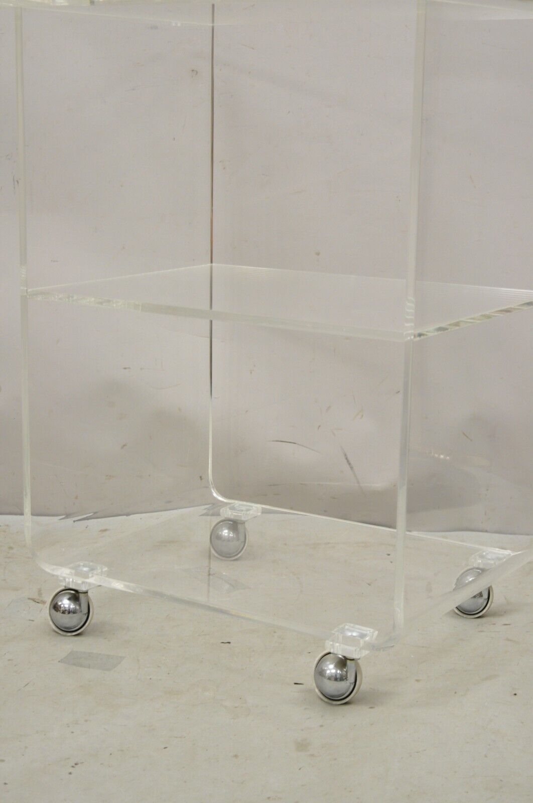 Vintage Clear Lucite Acrylic Mid Century Modern Rolling Bar Cart Side Table