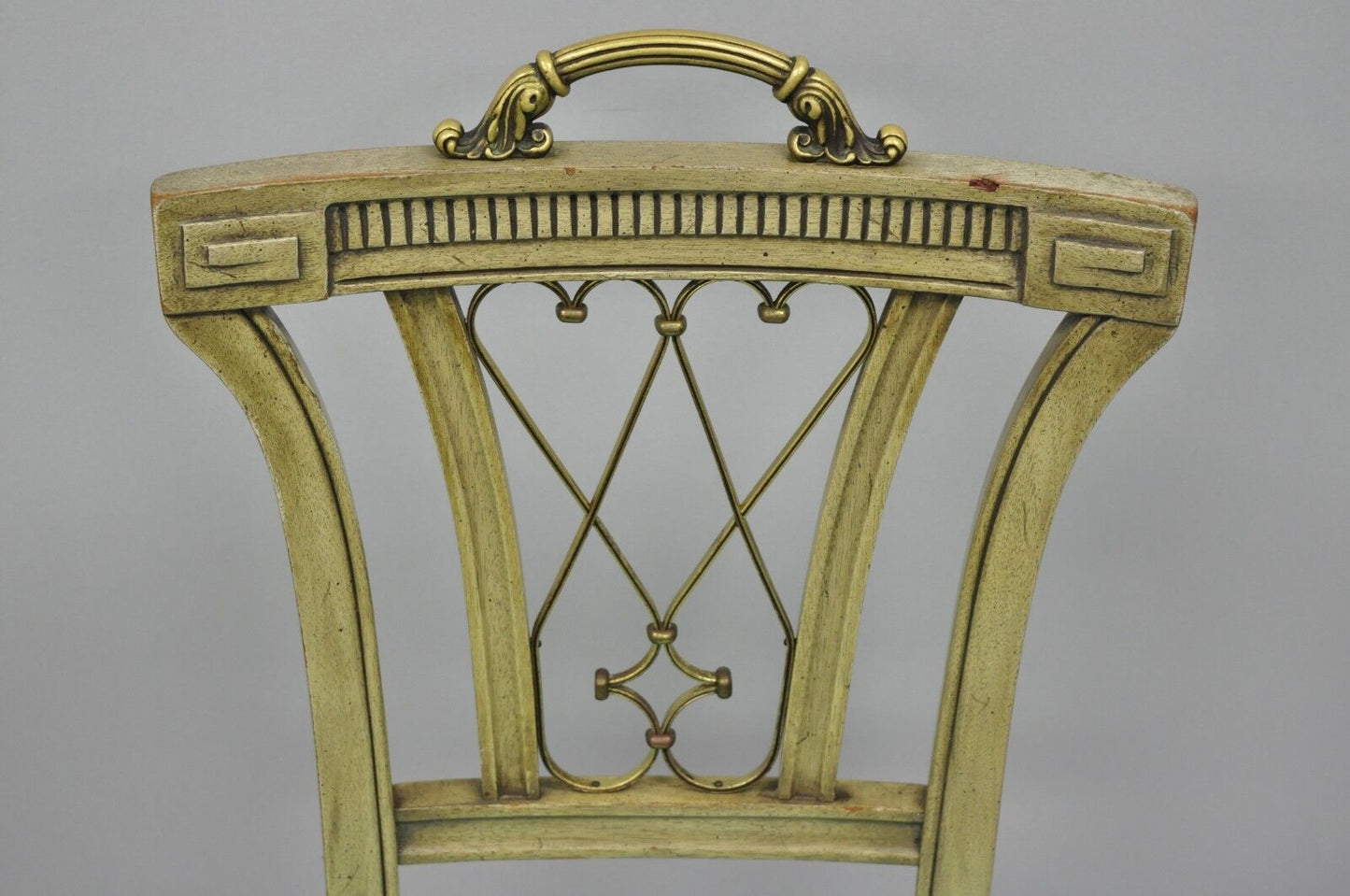 Pair of Carved Mahogany French Regency Style Chairs w/ Brass Handle & Aqua Vinyl