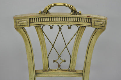 Pair of Carved Mahogany French Regency Style Chairs w/ Brass Handle & Aqua Vinyl