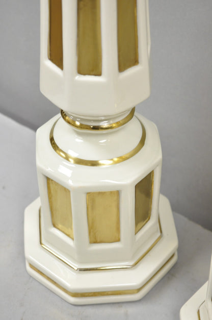 Vintage Italian Hollywood Regency Cream & Gold Porcelain Column Table Lamp, Pair