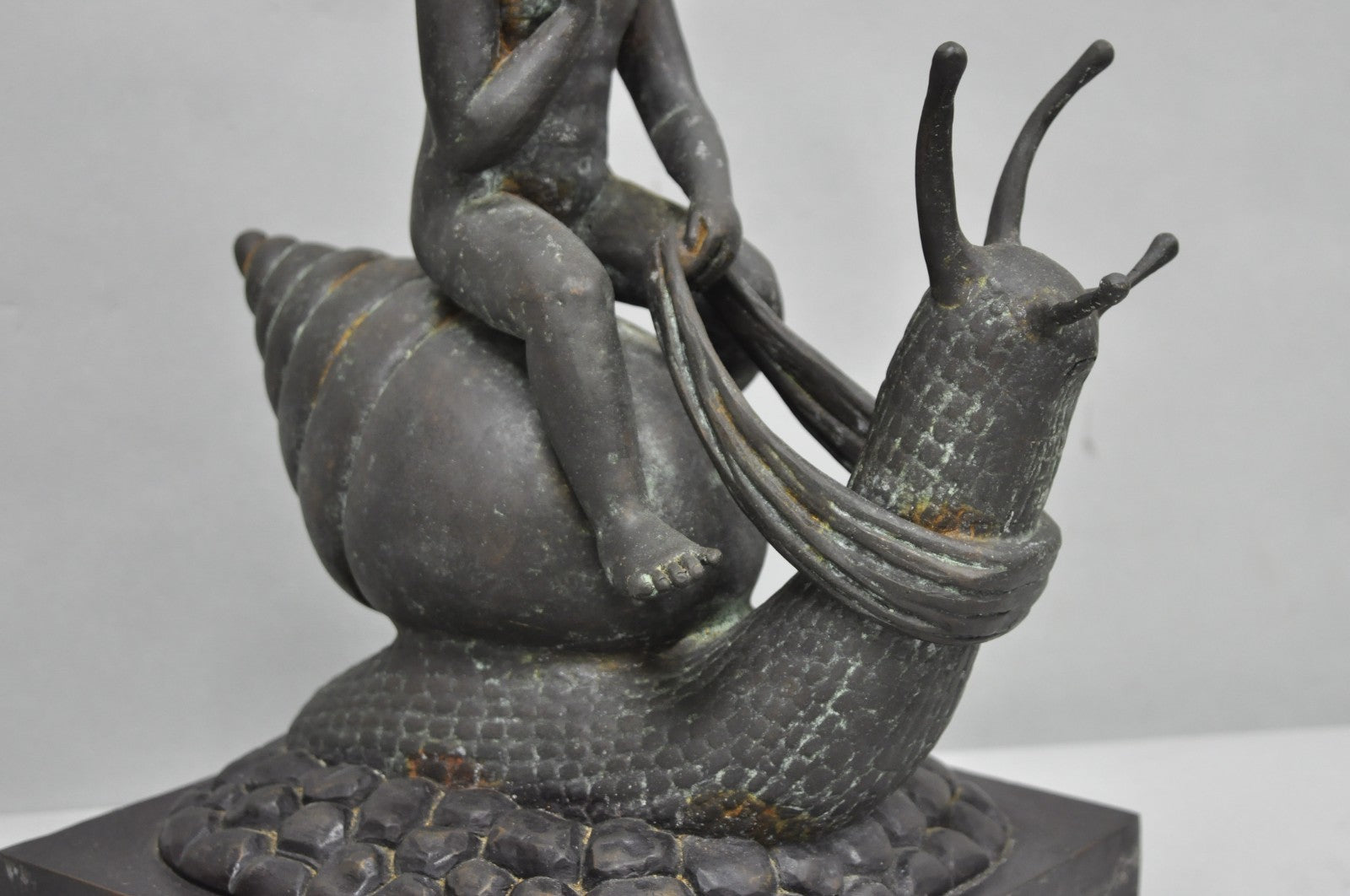 Vintage Mythical Bronze Cherub Riding Snail Sculpture Figure attr Maitland Smith