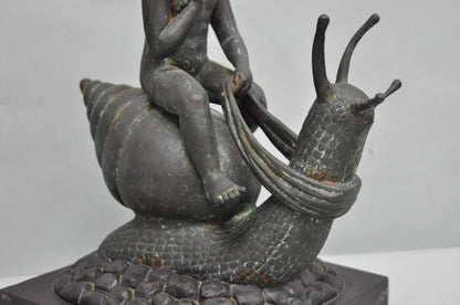 Vintage Mythical Bronze Cherub Riding Snail Sculpture Figure attr Maitland Smith