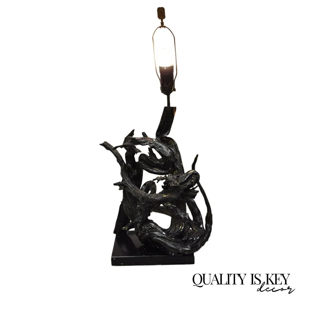 Vintage Mid Century Modern Large Driftwood Wooden Black Sculptural Table Lamp