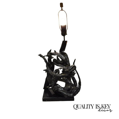 Vintage Mid Century Modern Large Driftwood Wooden Black Sculptural Table Lamp