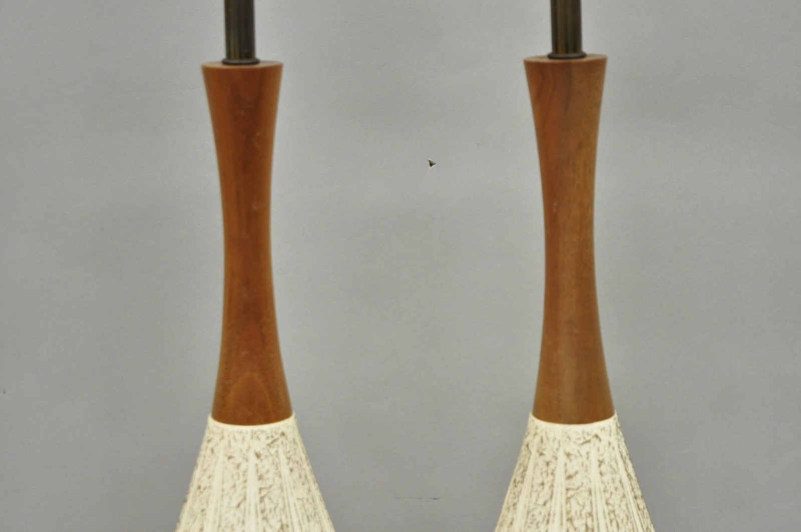 Vintage Mid Century Modern Sculpted White Ceramic & Teak Wood Table Lamps - Pair