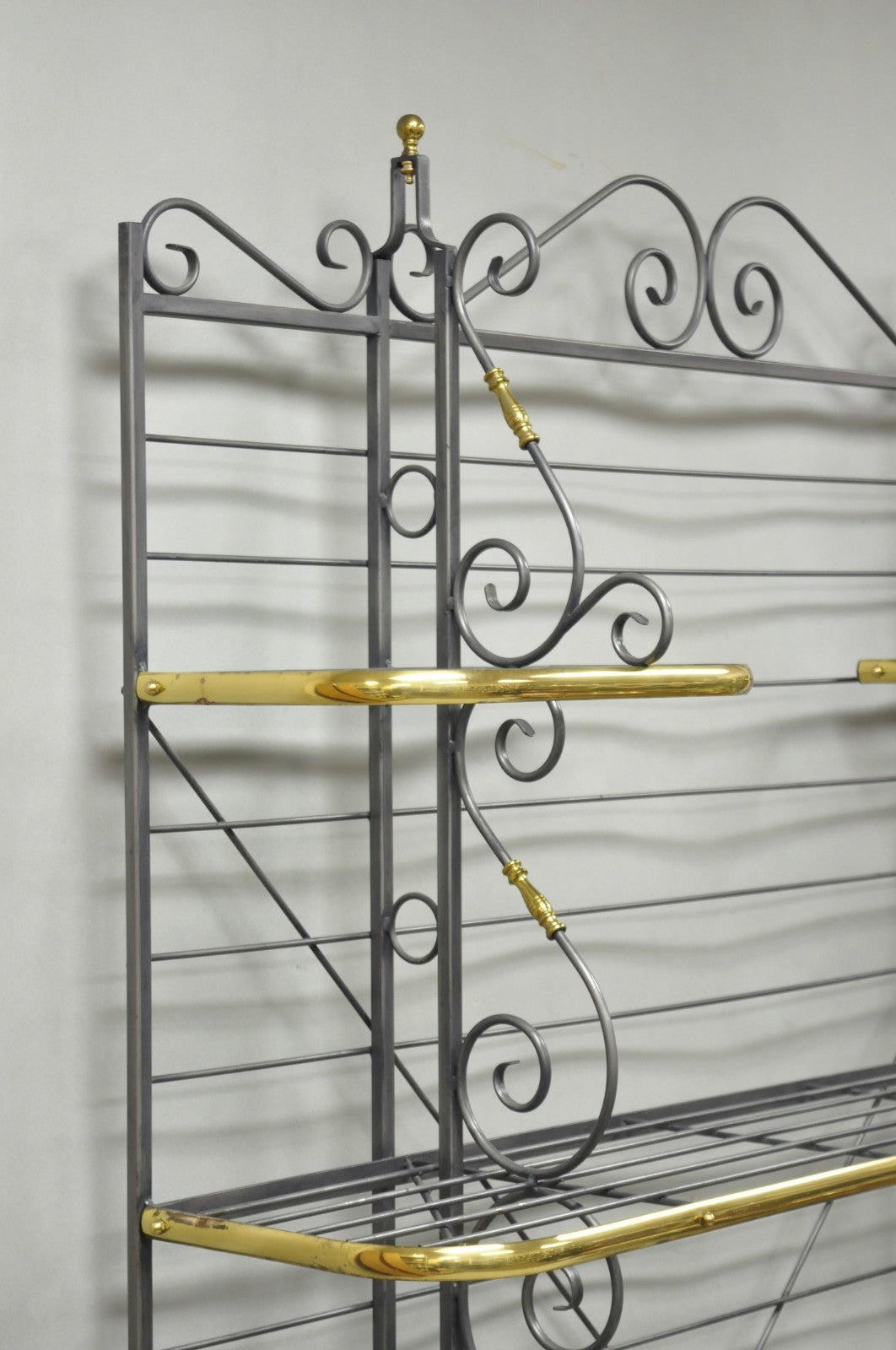 Vintage French Country Wrought Iron & Brass Kitchen Bakers Rack Bookcase Etagere