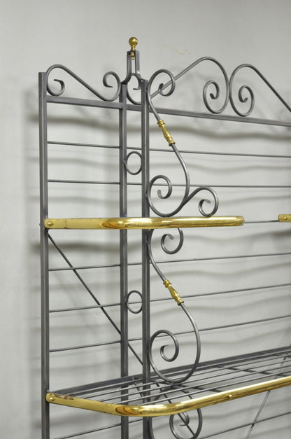 Vintage French Country Wrought Iron & Brass Kitchen Bakers Rack Bookcase Etagere