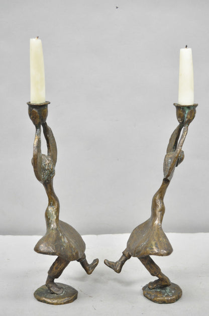 Vintage Brutalist Bronze Figural Dancing Rabbi Judaica Candlesticks - a Pair