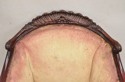Antique French Art Nouveau Carved Mahogany Bergere Club Lounge Arm Chair