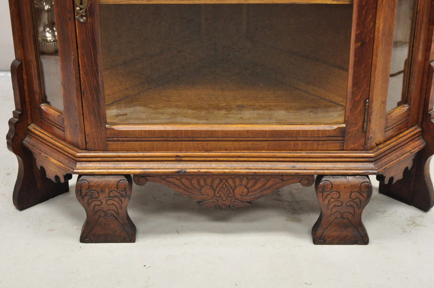 Antique Victorian Renaissance Oak Glass Door Carved Curio Corner China Cabinet