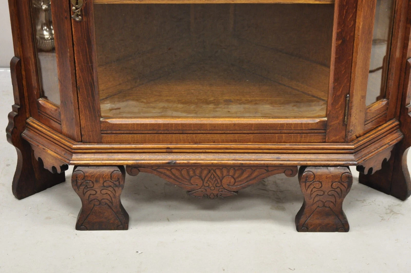 Antique Victorian Renaissance Oak Glass Door Carved Curio Corner China Cabinet