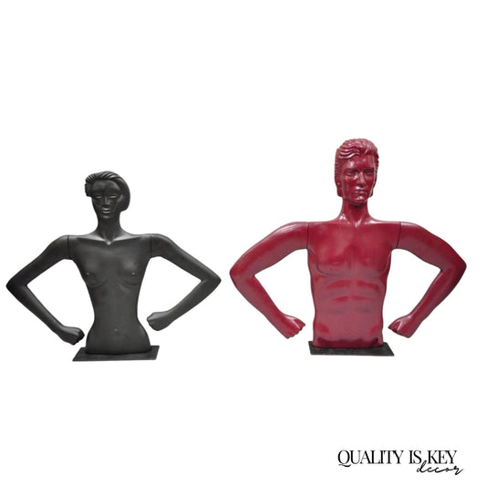 Vintage Art Deco Style Male & Female Couple Red & Black Torso Art Mannequins