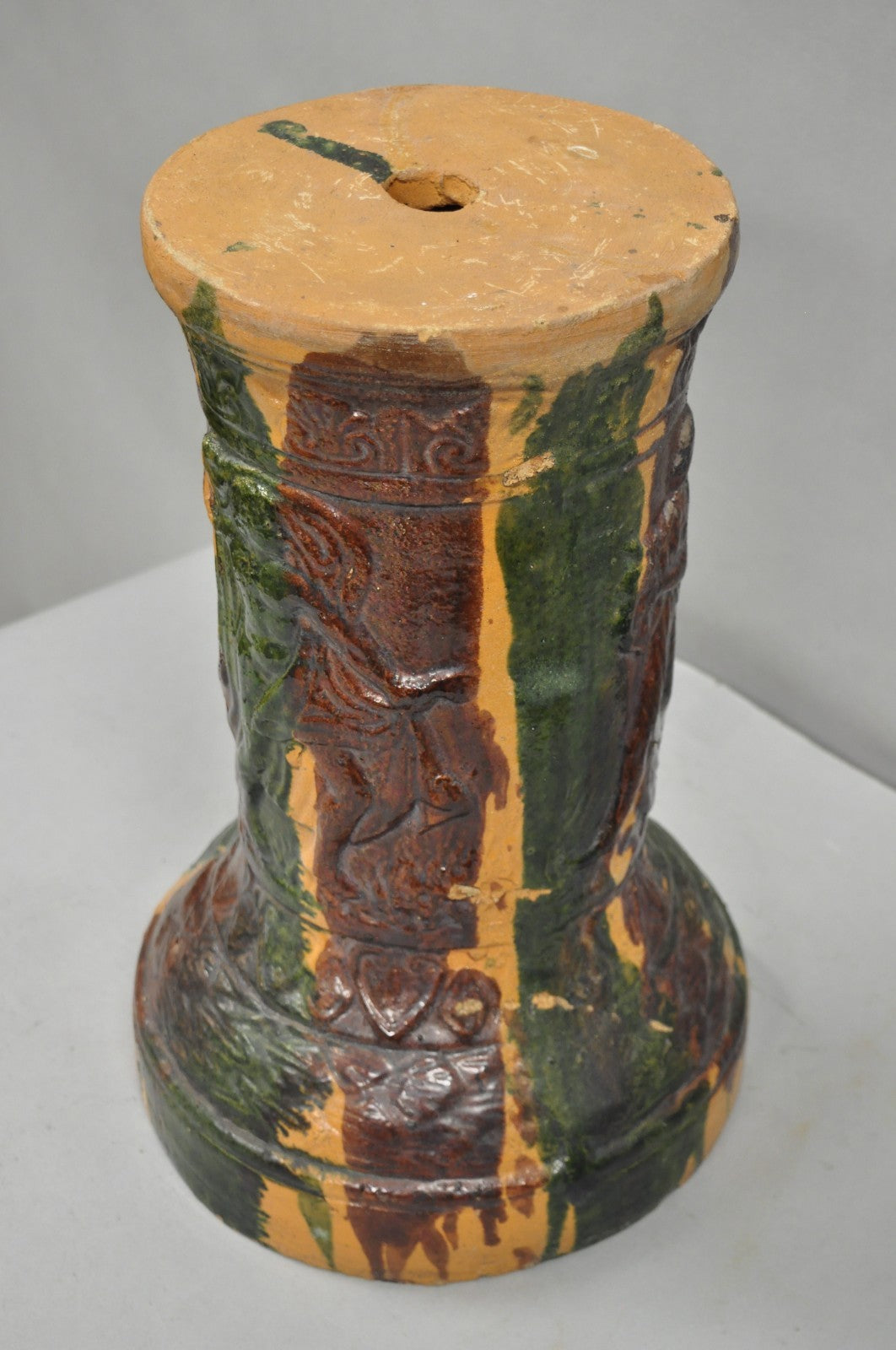 Antique Majolica Terracotta Red Green Drip Glaze Figural Plant Stand Pedestal