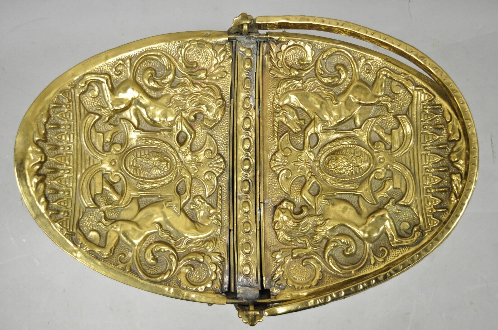 Antique English Renaissance Unicorn, Lion Shield Figural Brass Coal Bucket Bin
