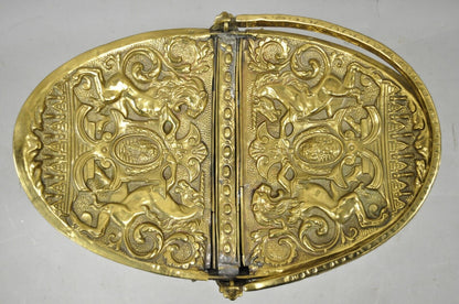 Antique English Renaissance Unicorn, Lion Shield Figural Brass Coal Bucket Bin