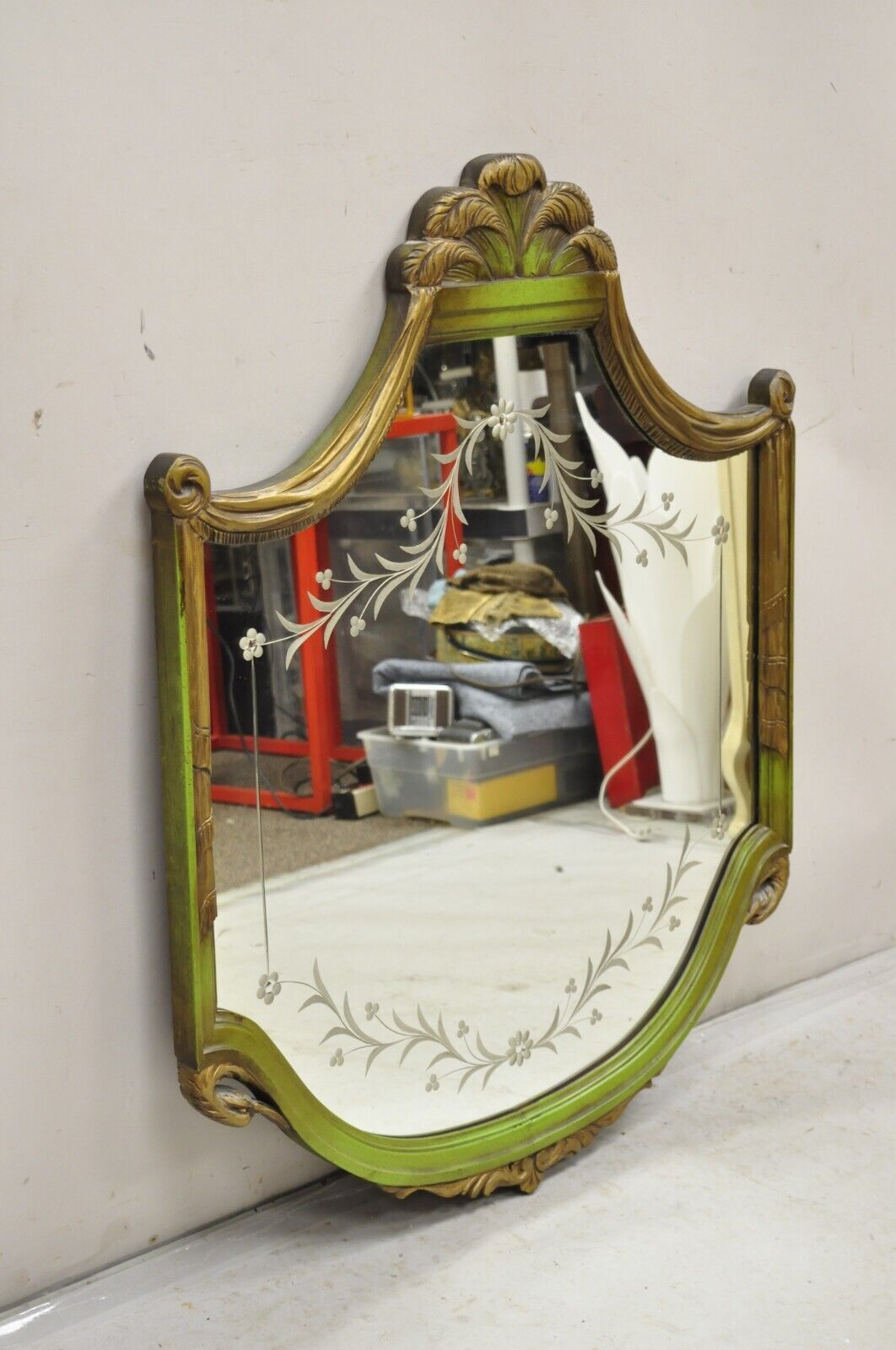 French Louis XVI Style Plume Swan Carved Green Painted Leafy Etched Wall Mirror