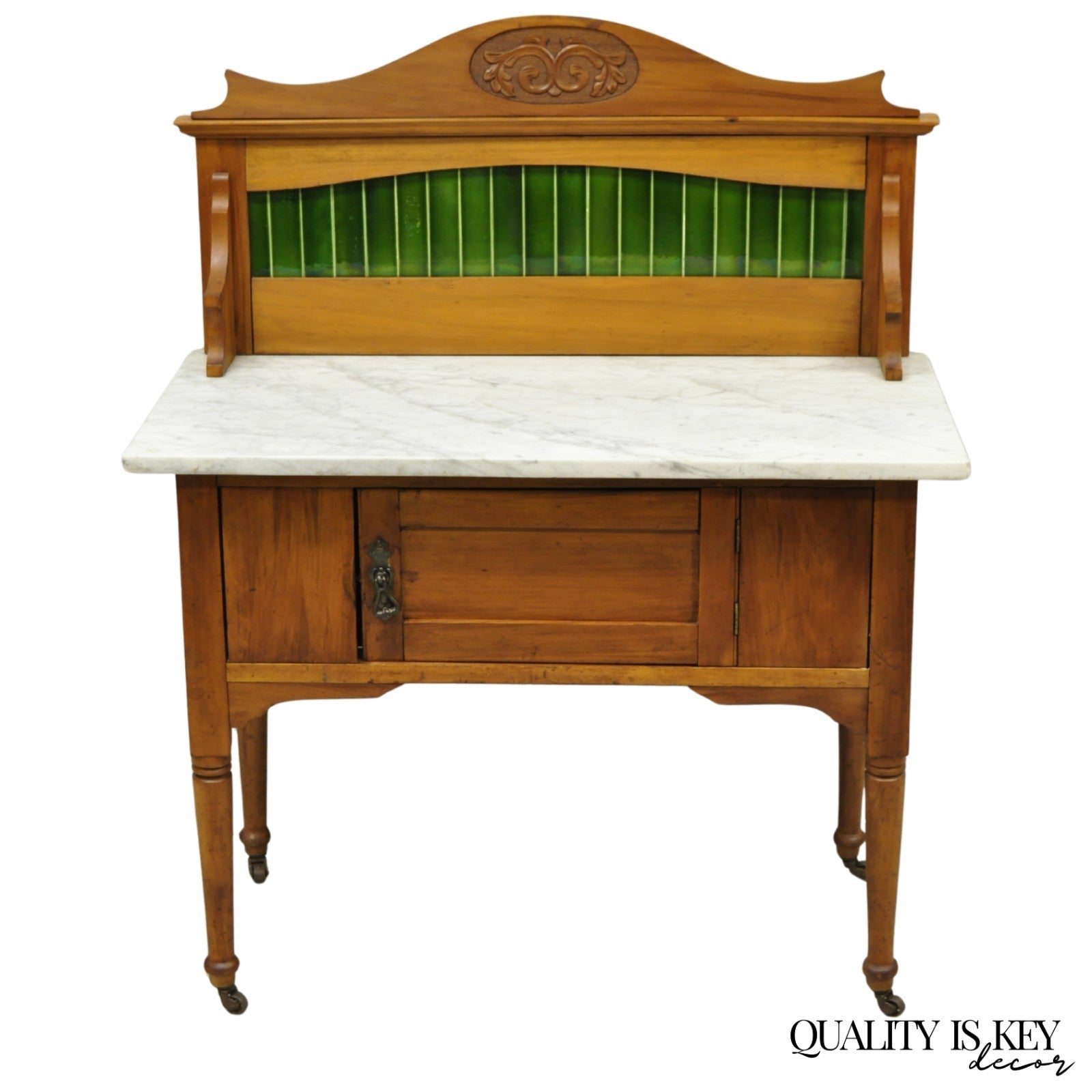 Antique English Arts & Crafts Birch Wood Green Tile Backsplash Washstand Server