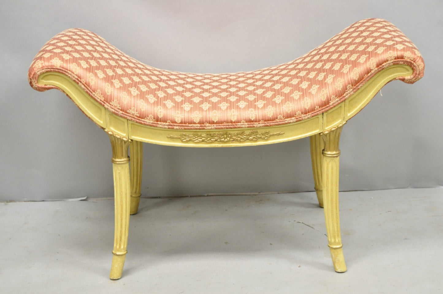 Vintage French Hollywood Regency Cream & Gold Wood Pink Waterfall Vanity Bench
