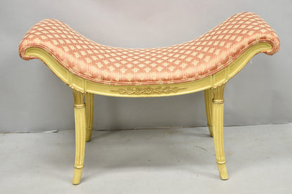 Vintage French Hollywood Regency Cream & Gold Wood Pink Waterfall Vanity Bench