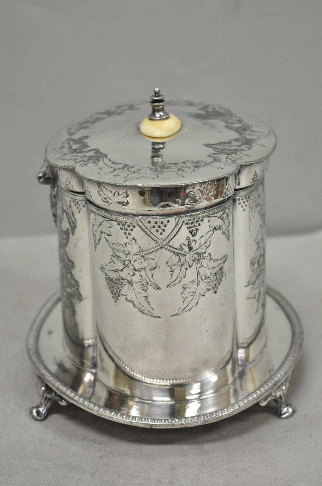 Antique Victorian Silver Plated Etched Footed Hinged Biscuit Barrel Jar on Stand