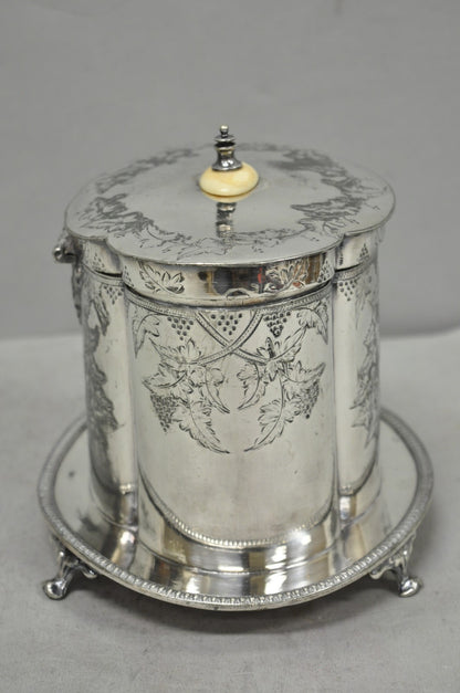 Antique Victorian Silver Plated Etched Footed Hinged Biscuit Barrel Jar on Stand