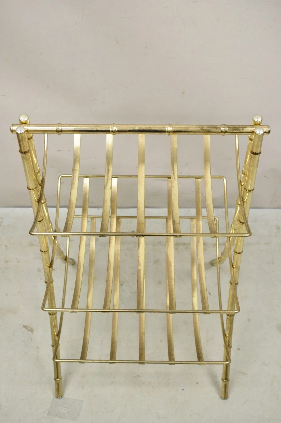 Vintage Hollywood Regency Gold Metal Faux Bamboo 3 Tier Magazine Rack Stand