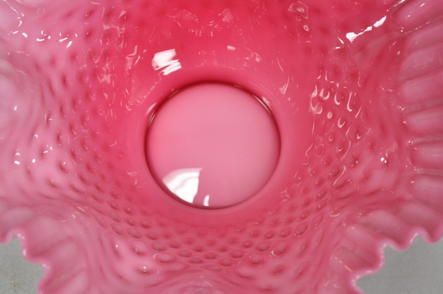Vintage Pink & White Hobnail Cased Glass Candy Dish Ruffled Bowl Brides Basket