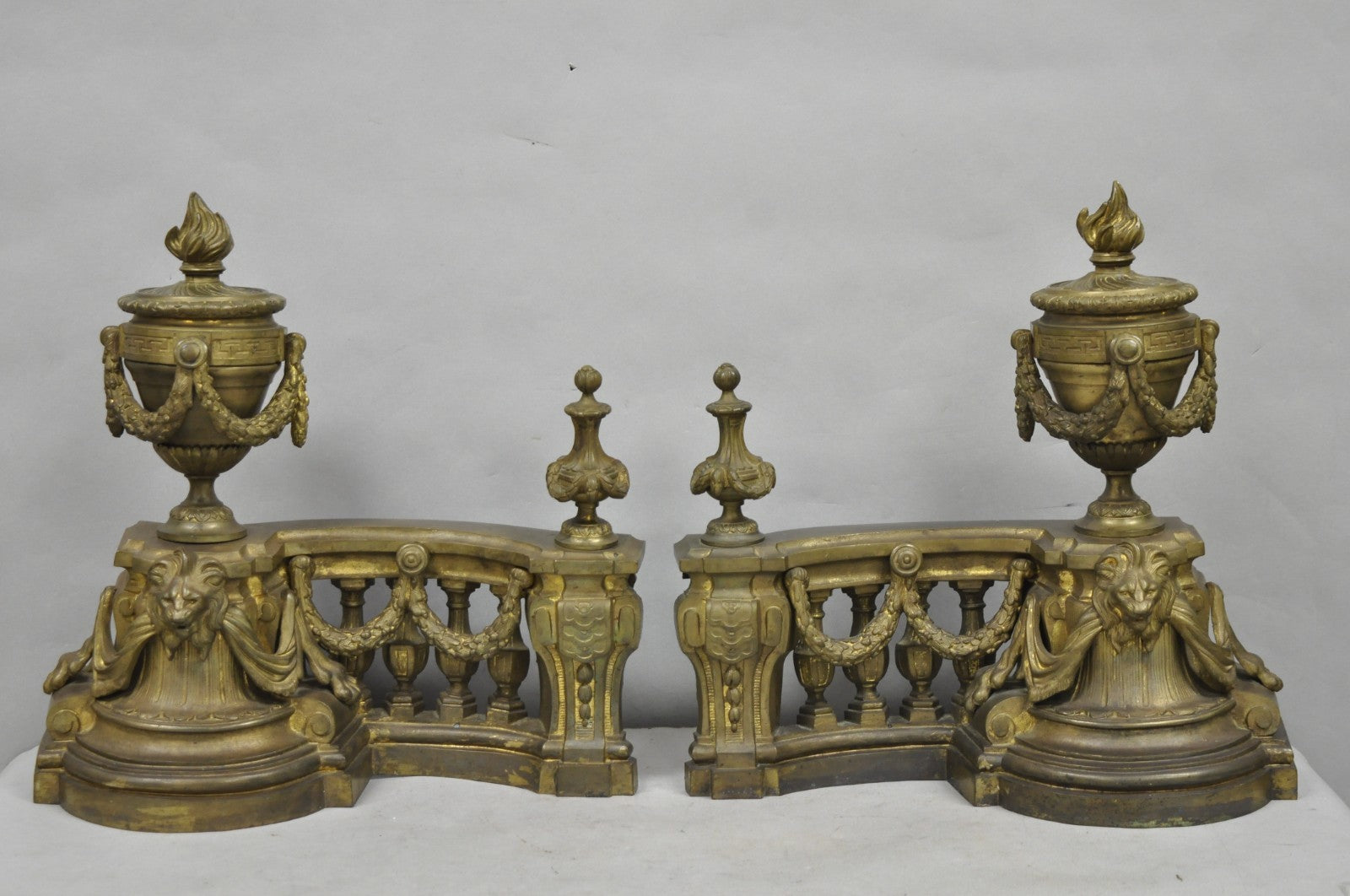 Antique French Empire Patinated Bronze Lion Flame Urn Chenet Andirons - a Pair