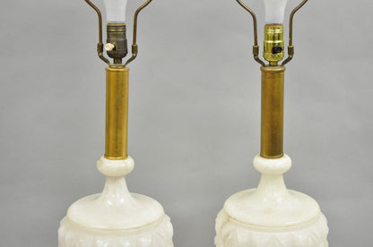 Neoclassical Large Carved Solid Alabaster Marble Leaf Bulbous Table Lamps Pair