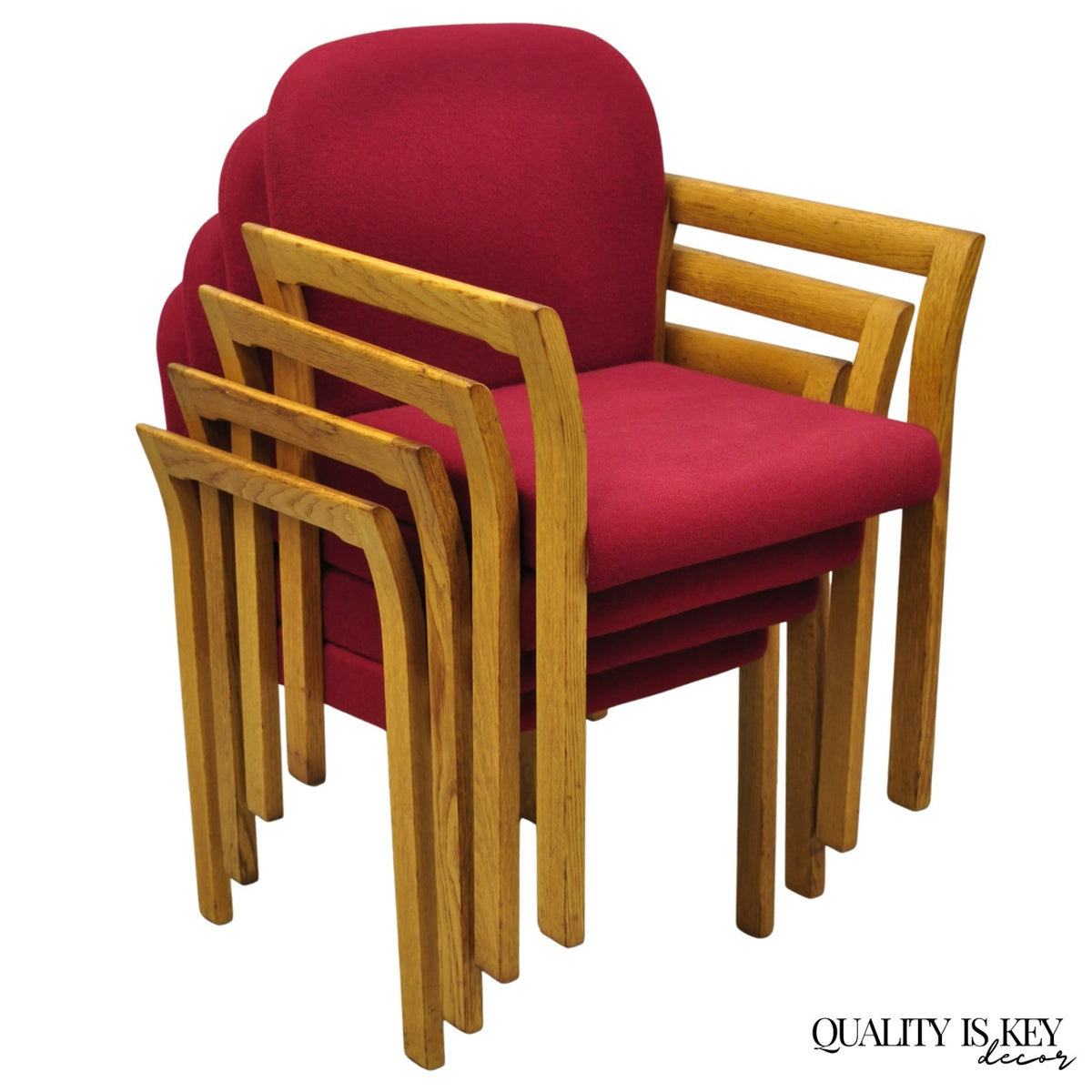 Vintage Gunlocke Mid Century Modern Oak Wood Stacking Arm Chairs - Set of 4