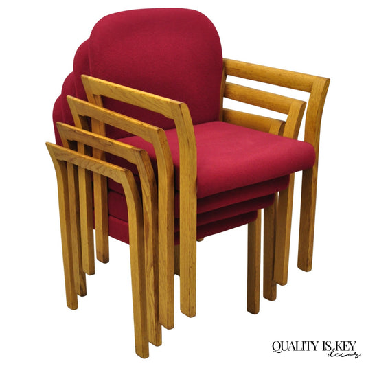 Vintage Gunlocke Mid Century Modern Oak Wood Stacking Arm Chairs - Set of 4