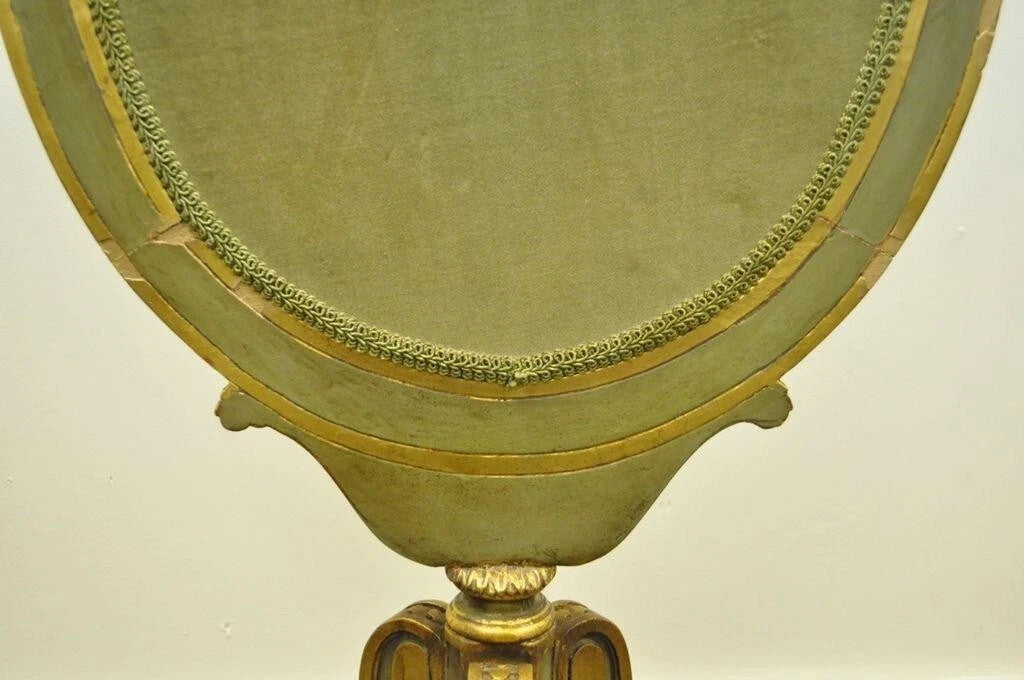 Antique French Louis XVI XV Carved Giltwood Green & Gold Oval Fireplace Screen