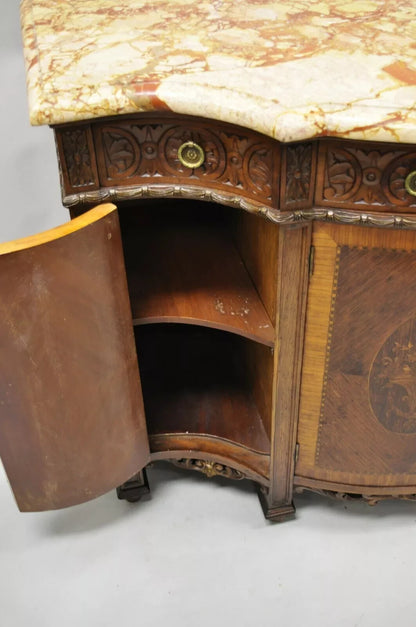 French Renaissance Louis XV Marble Top Marquetry Inlay Sideboard Buffet Commode