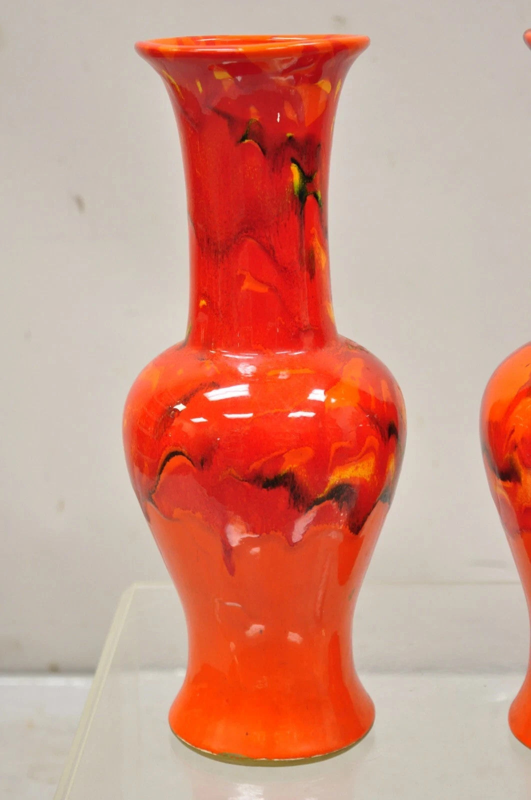 Vintage Red Lava Drip Glazed Mid Century Modern Ceramic Pottery Vessel Vase Pair