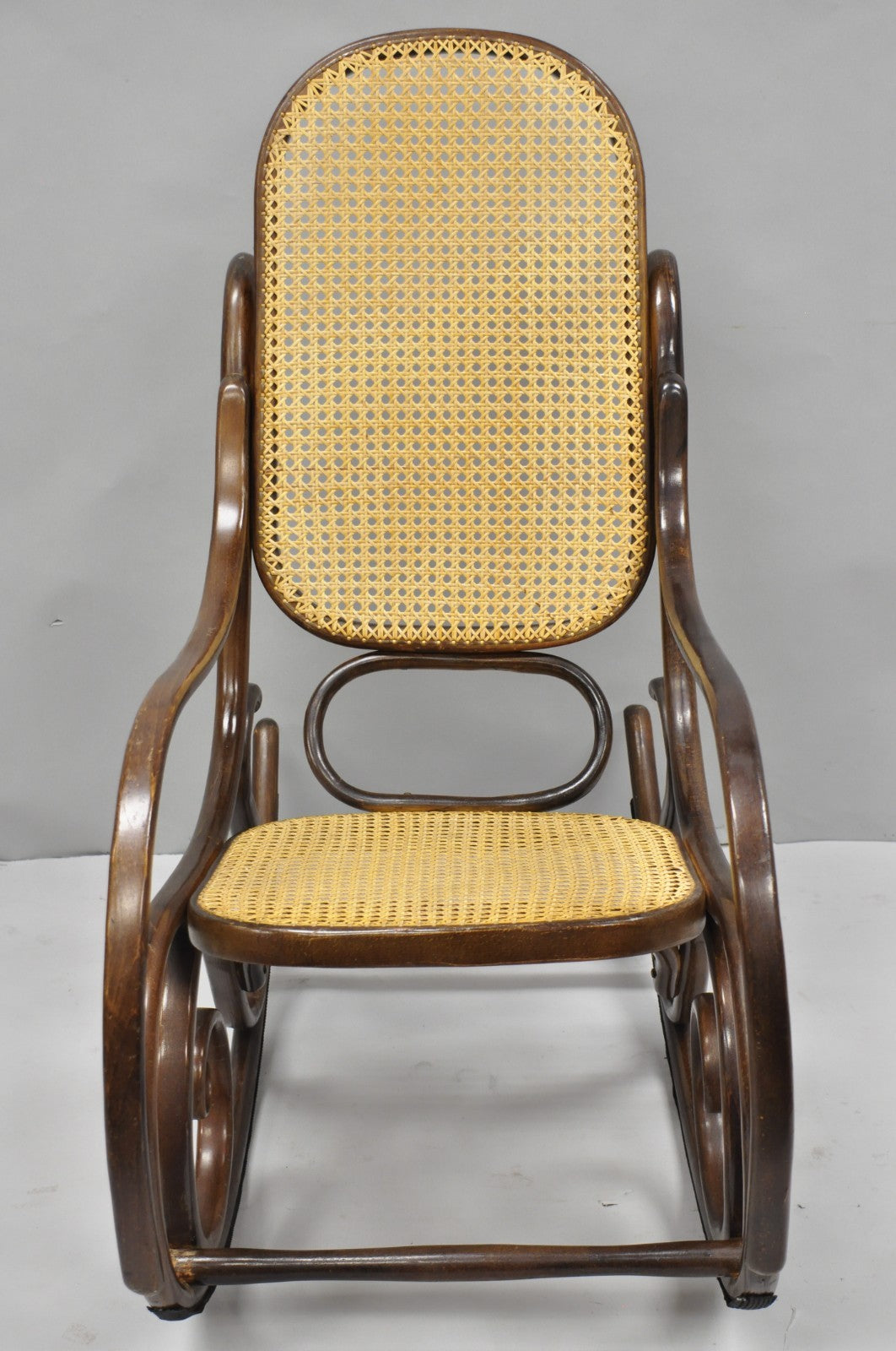 Vintage Mid Century Modern Thonet Style Bentwood & Cane Rocker Rocking Chair (A)