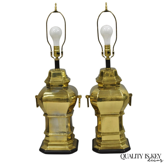 Vintage Chinoiserie Chinese Ginger Jar Brass Plated Metal Table Lamps - a Pair