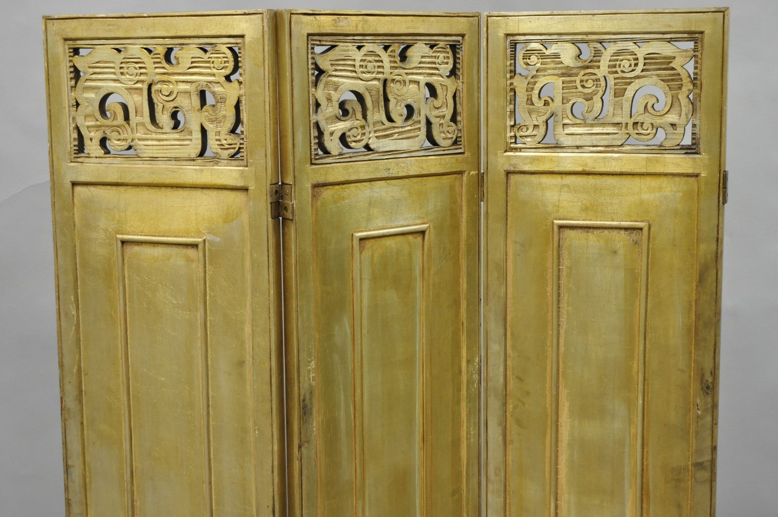 Antique Chinoiserie Oriental Eglomise Antiqued Mirror Glass 3 Panel Room Screen