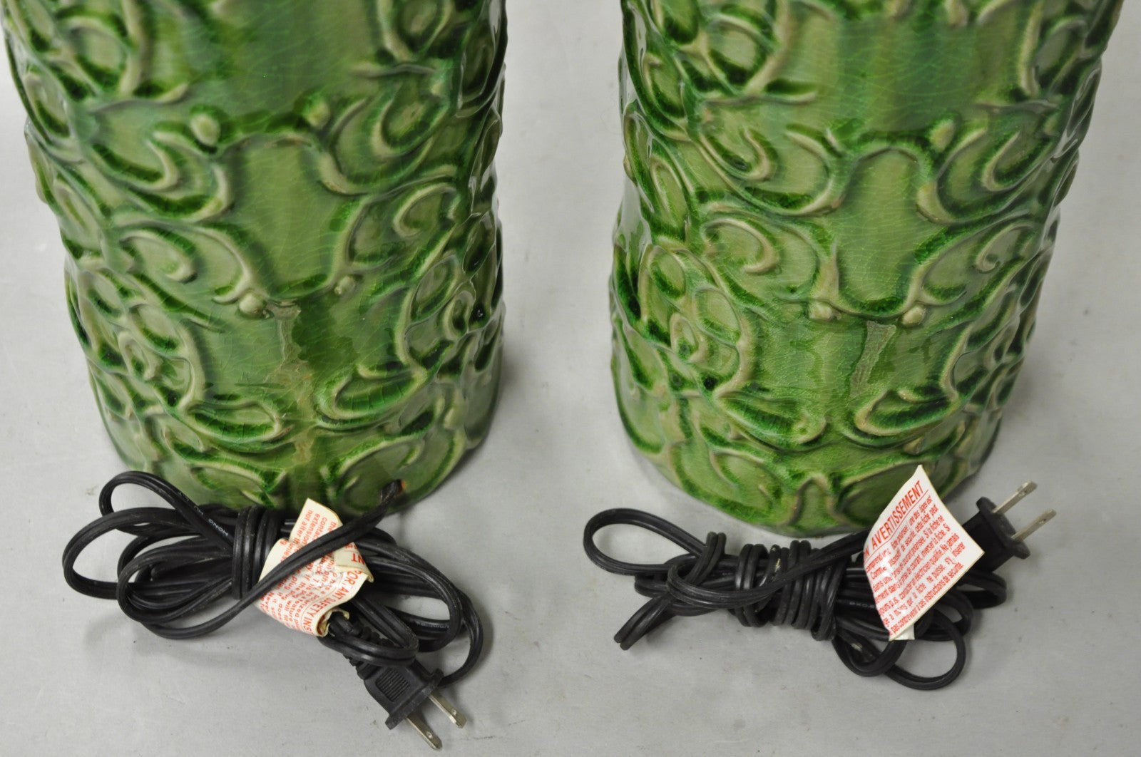 Contemporary Modern Green Glazed Ceramic Scroll Decorated Table Lamps - a Pair