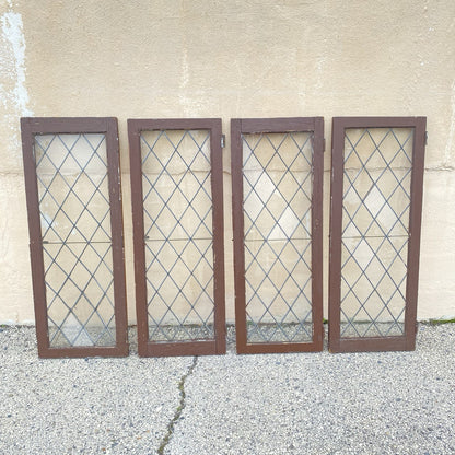 Antique Arts & Crafts Diamond Lattice Leaded Glass Windows in Frame - Set of 4