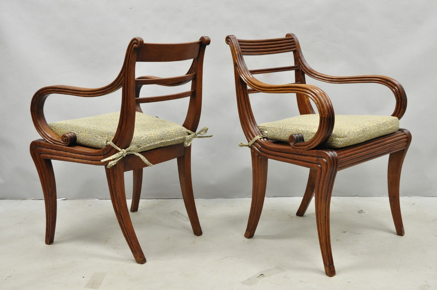 Vintage English Regency Style Cane Seat Mahogany Saber Leg Arm Chairs - a Pair