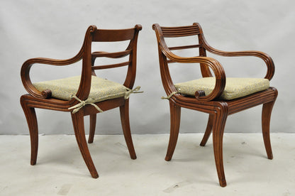 Vintage English Regency Style Cane Seat Mahogany Saber Leg Arm Chairs - a Pair