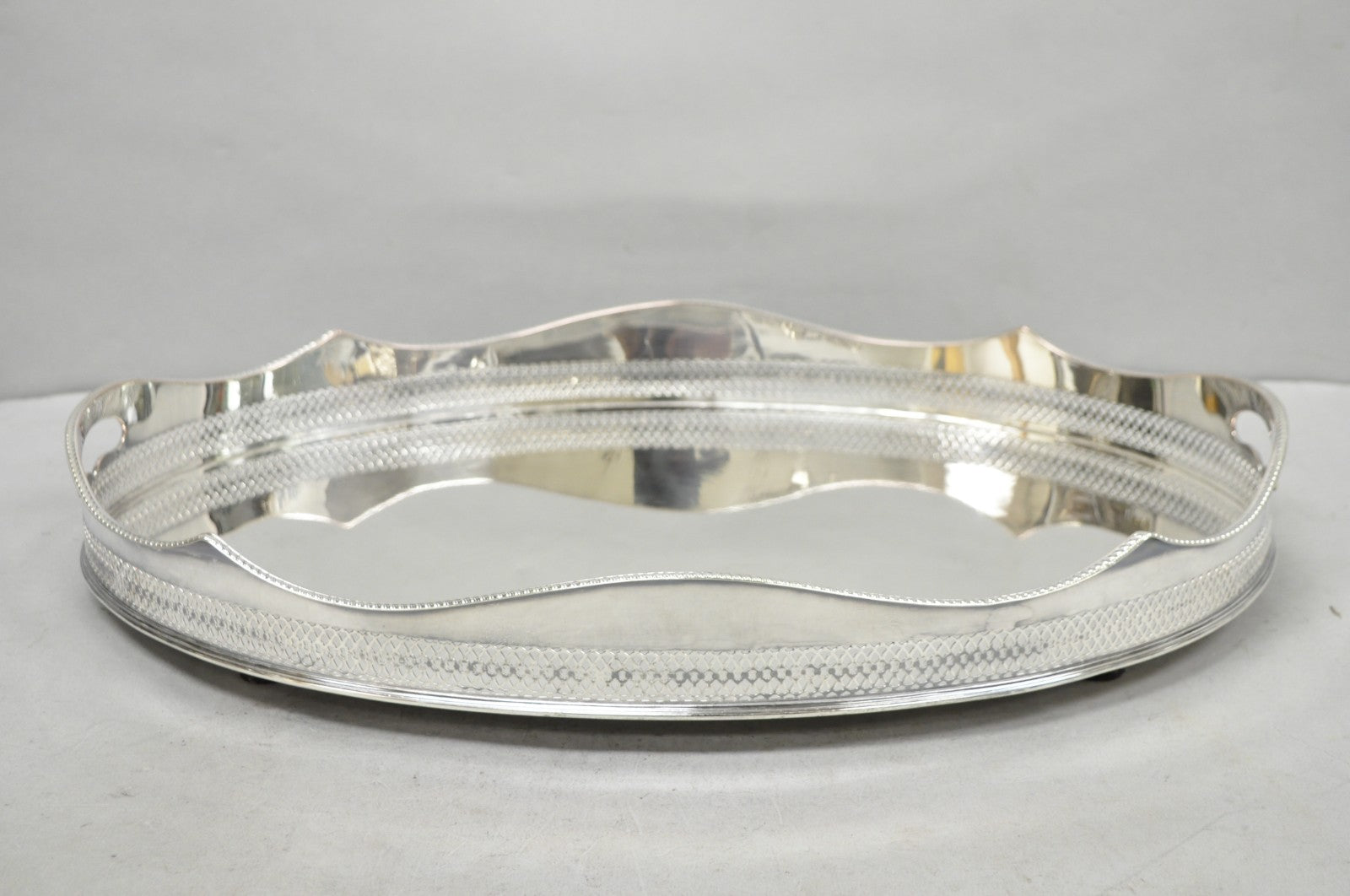 Antique English Edwardian Silver Plated Scalloped Oval Butlers Serving Bar Tray
