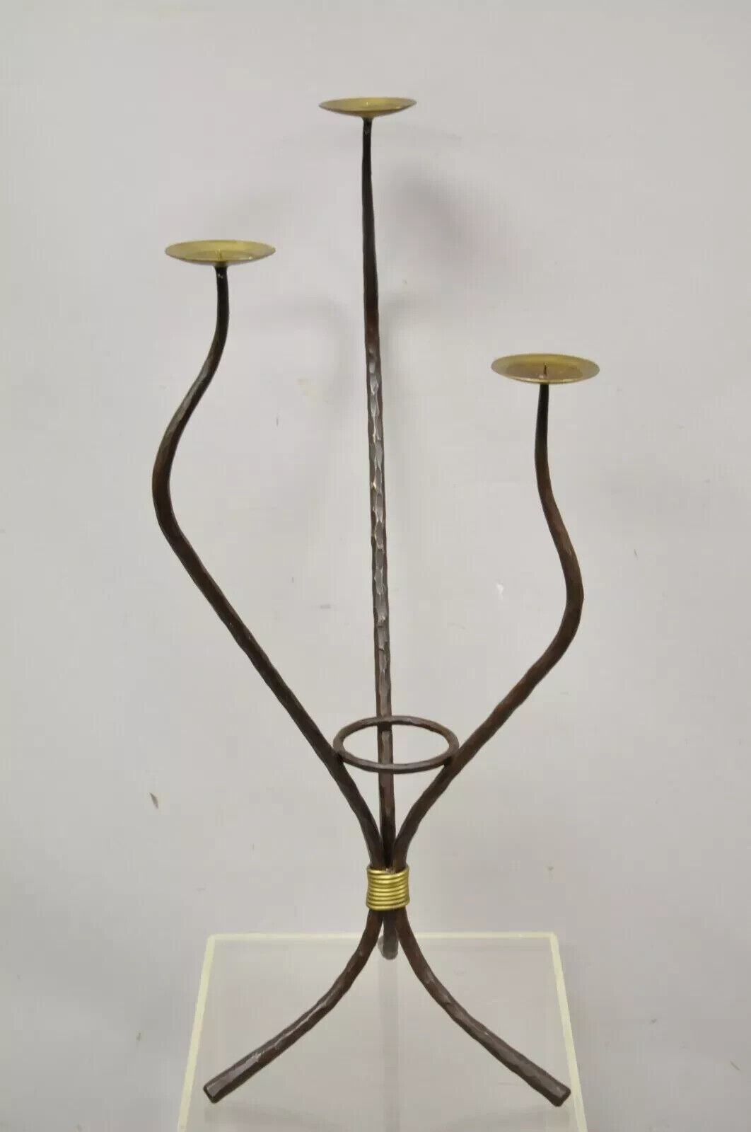 Modernist Iron Brass 3 Tier Sculptural Brutalist Floor Candleholder Candelabra