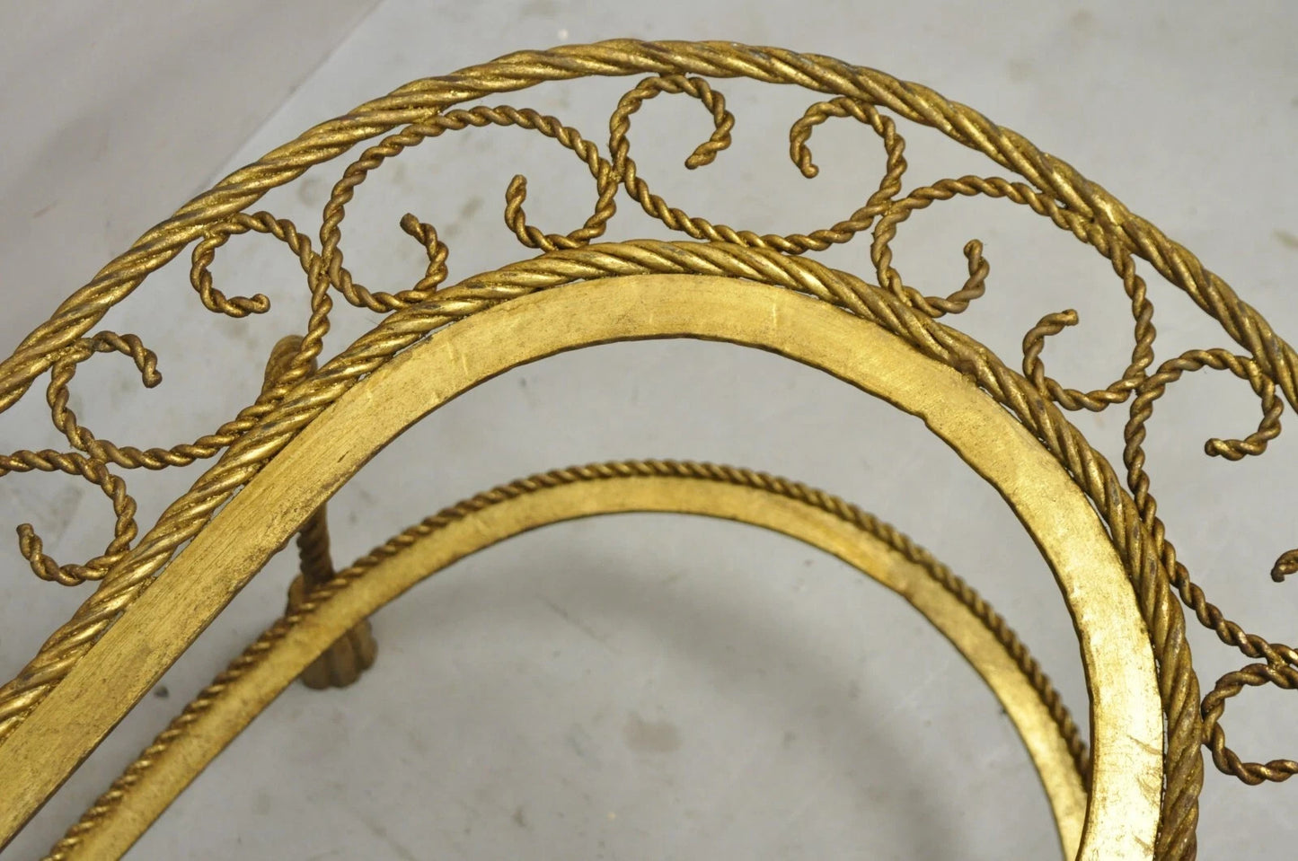 Italian Hollywood Regency Gold Gilt Iron Oval 2 Tier Rope Tassel Coffee Table