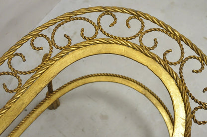 Italian Hollywood Regency Gold Gilt Iron Oval 2 Tier Rope Tassel Coffee Table