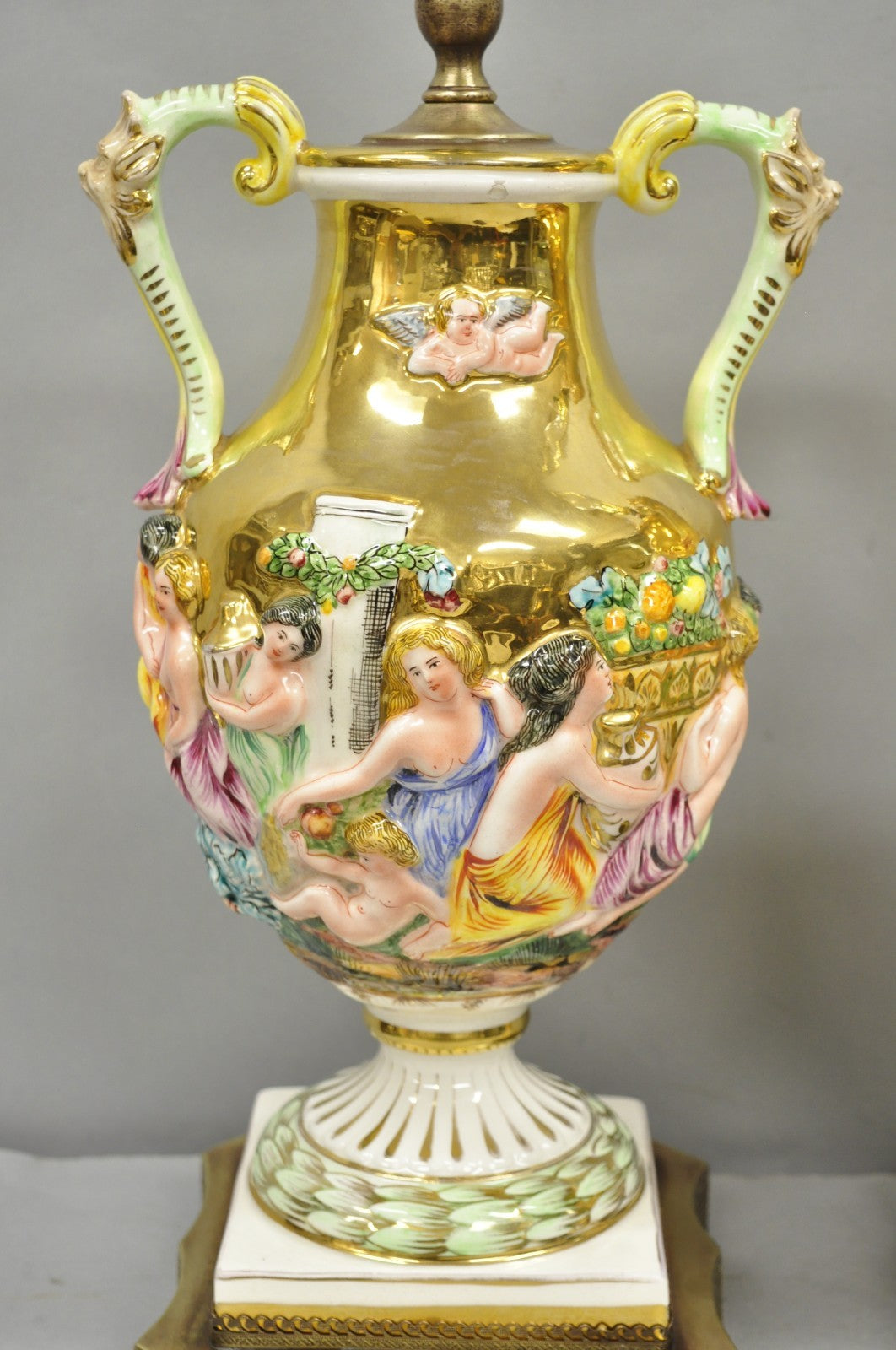 Antique Capodimonte Figural Porcelain Twin Handle Urn Gold Vase Table Lamps Pair