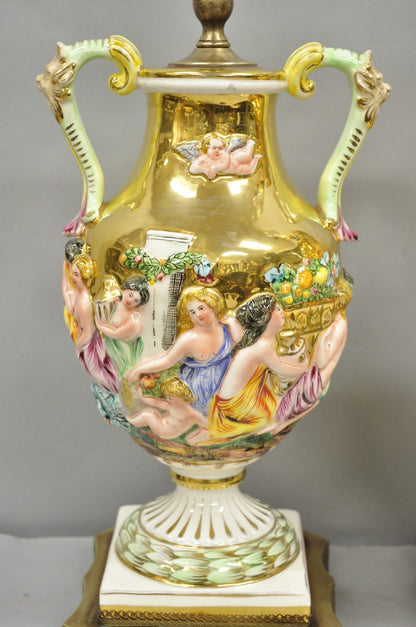 Antique Capodimonte Figural Porcelain Twin Handle Urn Gold Vase Table Lamps Pair
