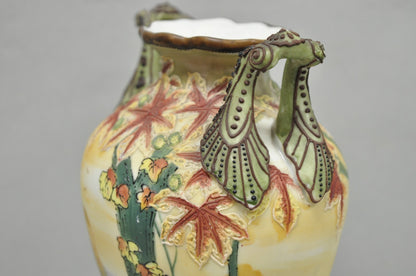 Antique Nippon Hand Painted Porcelain Moriage Twin Handle Countryside Scene Vase