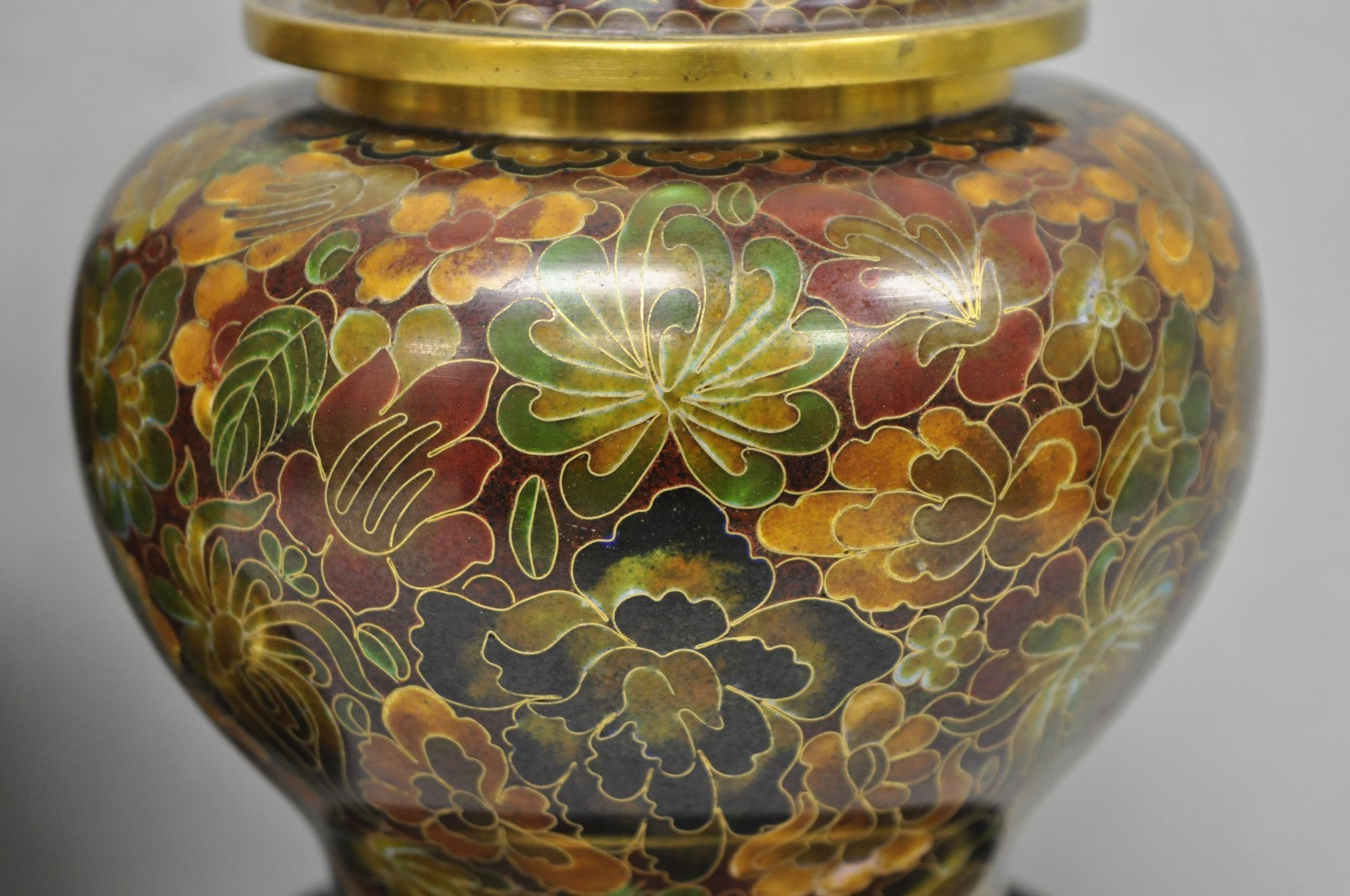 Vintage Cloisonné Chinese Small Enameled Brown Covered Ginger Jar on Stand, Pair